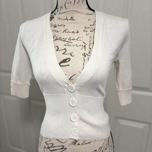 Gently Worn Women's White Half Sweater with Buttons & Cuffed Sleeves